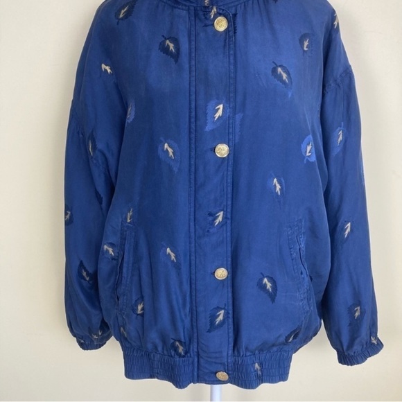 Vintage 90s Silk Bomber Windbreaker Jacket Navy Gold Leaf Print Gorpcore Sz M - Picture 4 of 16